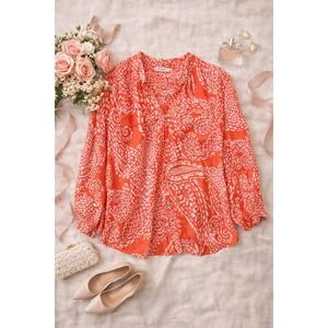 Chico's Orange White Abstract Print Button Front Blouse Size 16 Boho Vacation